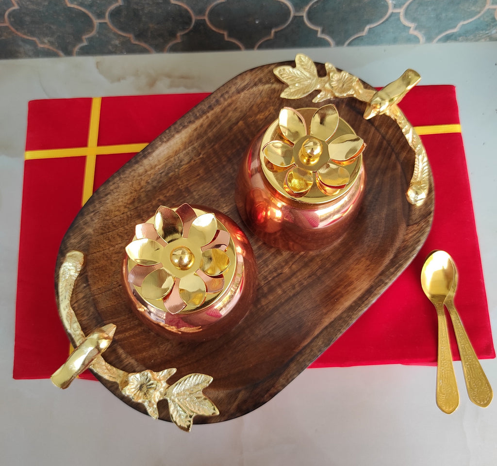 Handmade Set of 2 Dry Fruit Box, with 2 spoons & 1 Designer Tray Packed in Red Velvet Box | Serveware | Tableware | Gift Item | Home decor