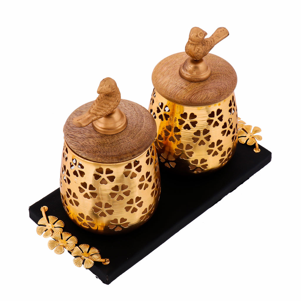 Indian Art Villa Designer Set of 2 Carved Metal Container Golden Metal Bird On The Top with Tray Height  6.9" Inch