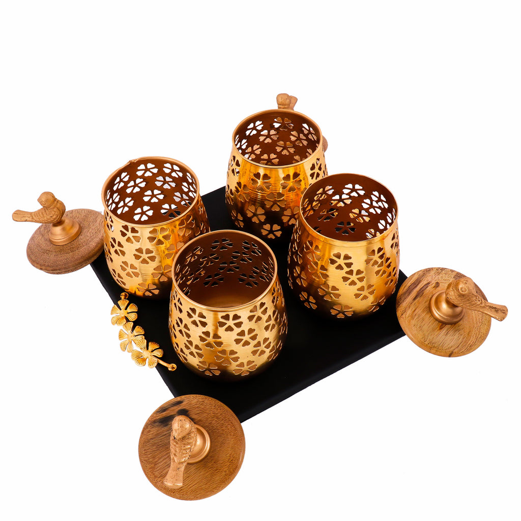 Indian Art Villa Designer Set of 4 Carved Metal Container Golden Metal Bird On The Top with Tray Height 6.9" Inch