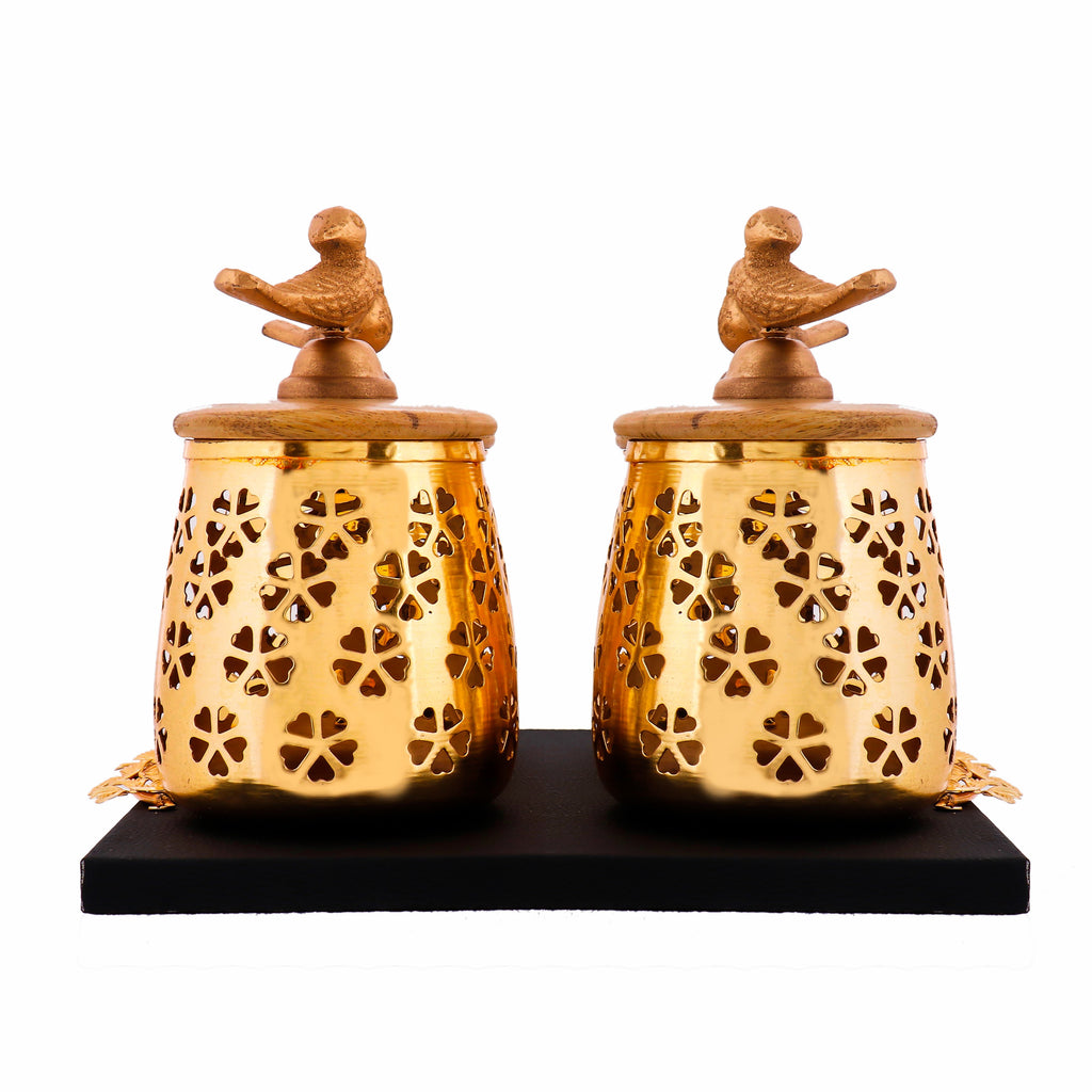 Indian Art Villa Designer Set of 4 Carved Metal Container Golden Metal Bird On The Top with Tray Height 6.9" Inch