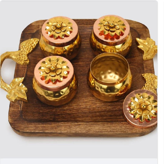Handmade set of 4 dry fruit gift box 1 designer wooden tray 5 pieces front view — Indian Art Villa