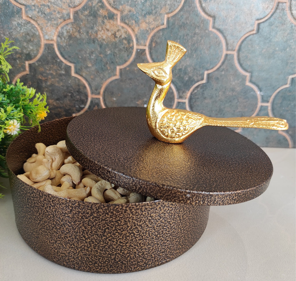 Indian Art Villa Fancy Designer Container / Storage Box with Golden Peacock Handle on the Top | Dry Fruit Box | Marriage Gift & Multipurpose | Height:- 4.92"
