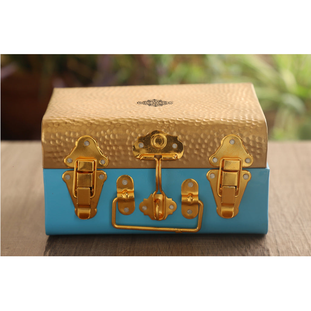 Indian Art Villa Antique Style Iron Small Storage Blue & Gold Trunks, Storage Boxes For Daily Use, Gifting & Multipurpose Uses