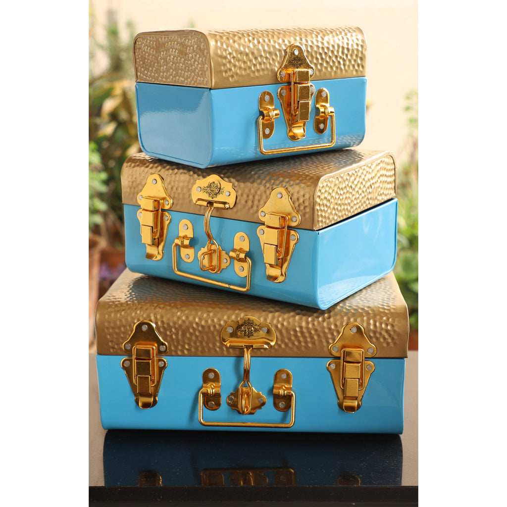 Indian Art Villa Antique Style Iron Small Storage Blue & Gold Trunks, Storage Boxes For Daily Use, Gifting & Multipurpose Uses