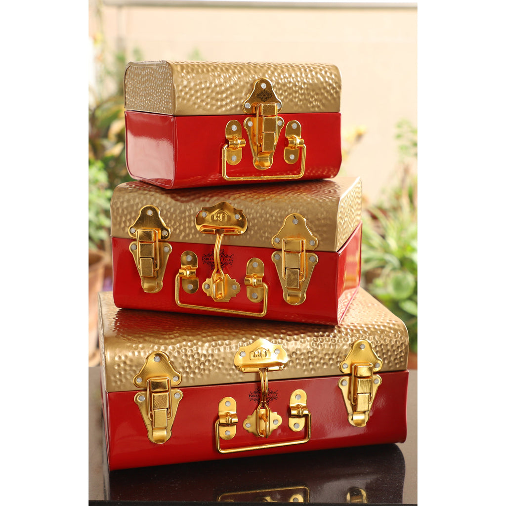 Indian Art Villa Antique Style Iron Small Storage Red & Gold Trunks, Storage Boxes For Daily Use, Gifting & Multipurpose Uses