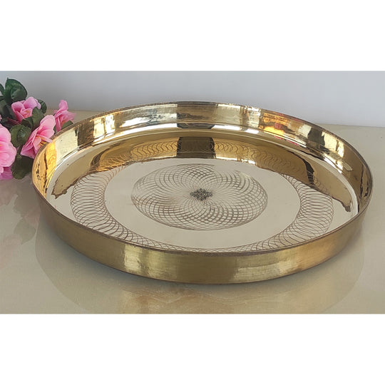 Kansa Bronze Thali with Sacred Flower of Life Engraving – Elegant Round Plate for Dinner, Ayurveda, Pooja
