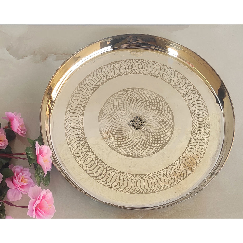 IndianArtVilla Bronze/Kansa Thali With Flower of Life Design, Dinner Serving Plate, Serving Dinner Dishes Home Hotel Restaurant Tableware, Diameter- 11.5 Inches