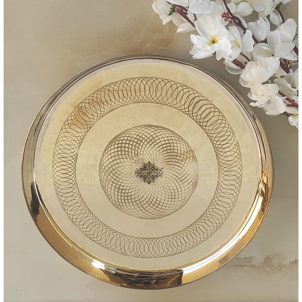 IndianArtVilla Bronze/Kansa Thali With Flower of Life Design, Dinner Serving Plate, Serving Dinner Dishes Home Hotel Restaurant Tableware, Diameter- 11.5 Inches