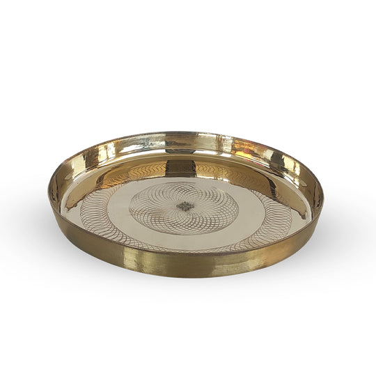 Kansa Bronze Thali with Sacred Flower of Life Engraving – Elegant Round Plate for Dinner, Ayurveda, Pooja