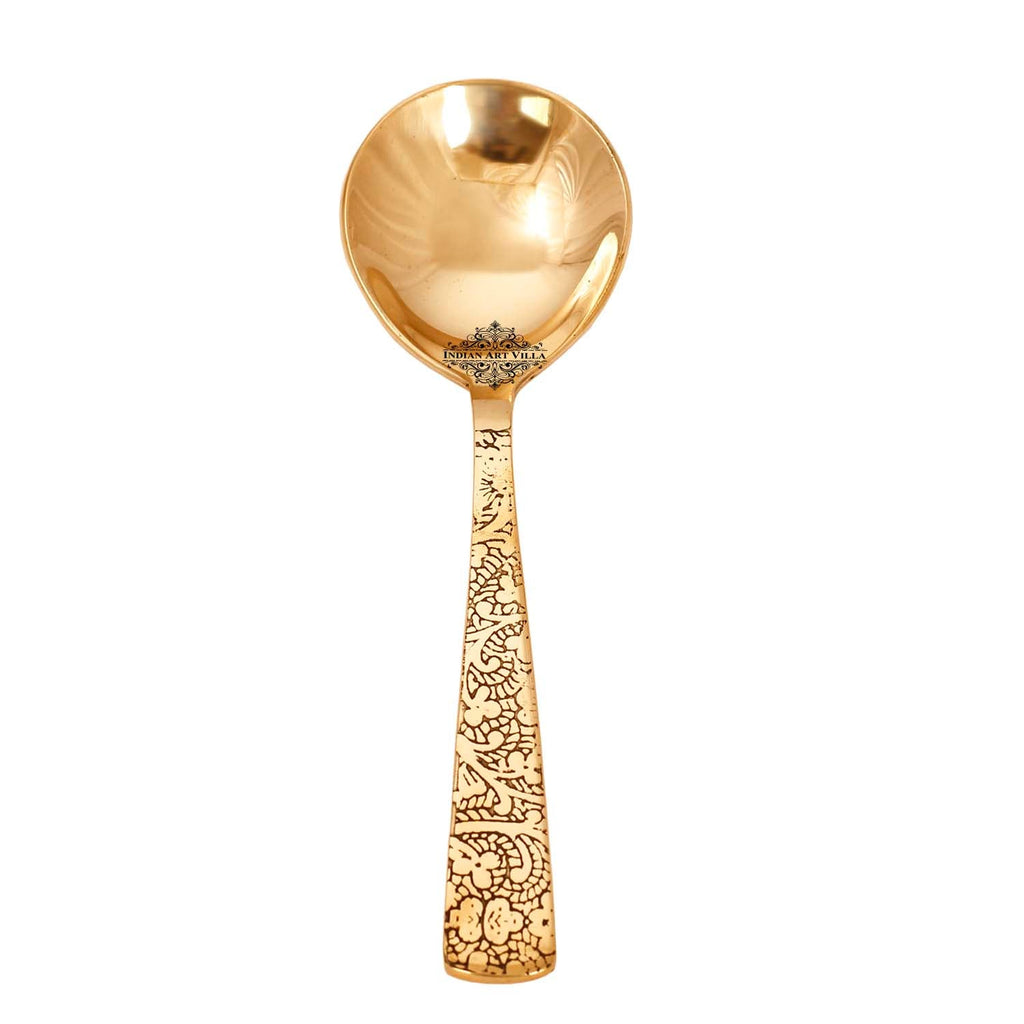 Indian Art Villa Bronze Embossed Serving Spoon, Serveware & Dinnerware Purpose, 8" Inch, Gold
