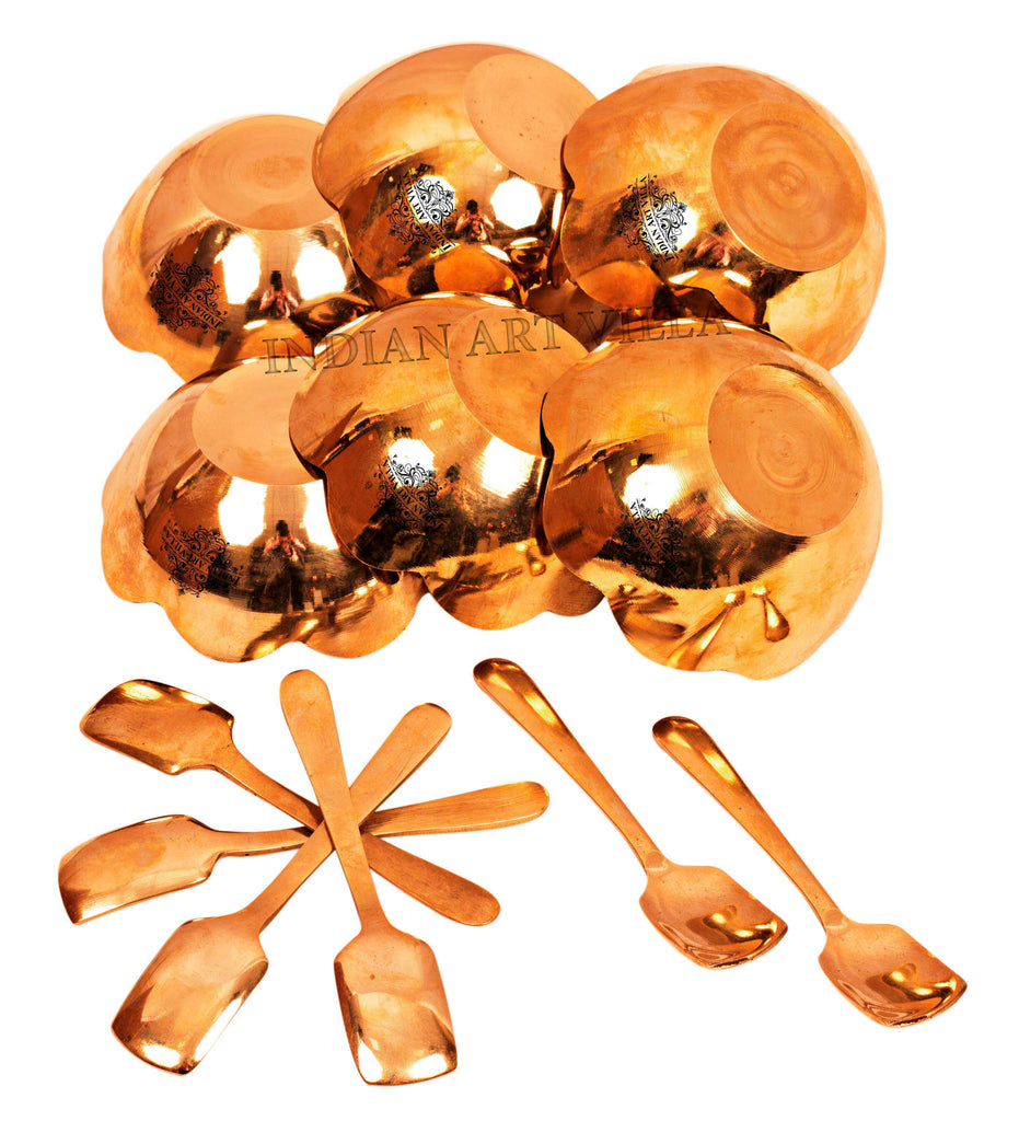 INDIAN ART VILLA Bronze Kansa Bowl Utensil, Set of 6 Ice Cream Bowl & 6 Spoon (12 Pieces)
