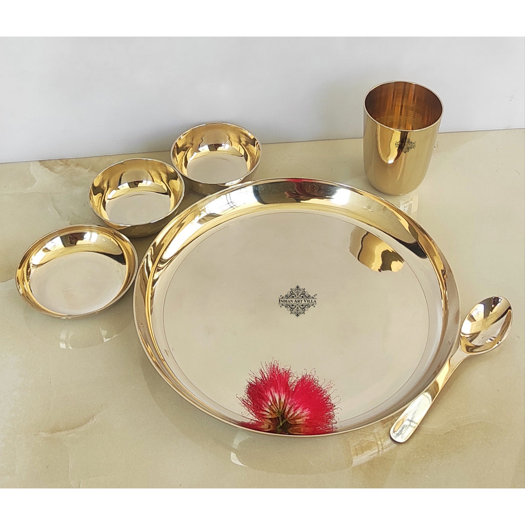 Indian Art Villa Pure Bronze Mirror Shine Dinner Set of Thali, Glass, Halwa Plate, Spoon & Bowls, Color- Gold, Dinnerware