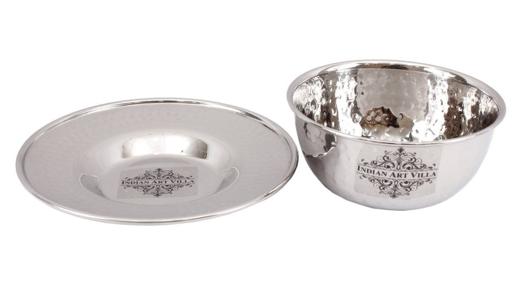 Indian Art Villa Stainless Steel Bowl with Underliner 350 ML - Serving Soup Indian Dishes Home Hotel Restaurant Tableware