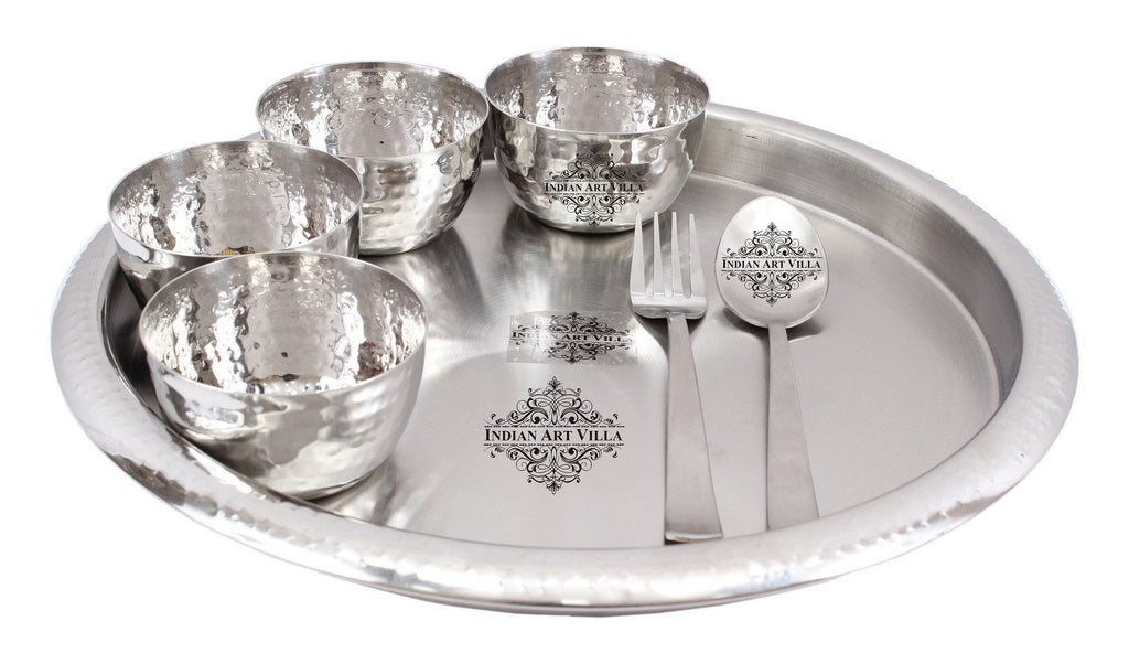 INDIAN ART VILLA Stainless Steel 7 Piece Dinner Set (1 Plate, 4 Bowl, 1 Spoon, 1 Fork)