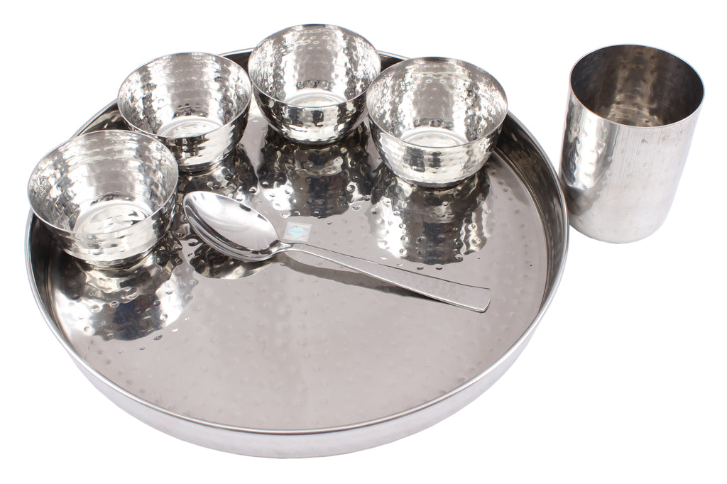 Indian Art Villa Steel Hammered 7 Piece Thali Set (1 thali 12" 4 Bowl 1 Dessert Spoon 1 Flat Hammered Glass)