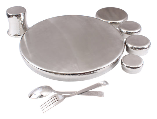 Handmade Pure Steel 9 Pieces Curved Thali Set | Dinner Set, Hammered Design, Serveware, Dinnerware