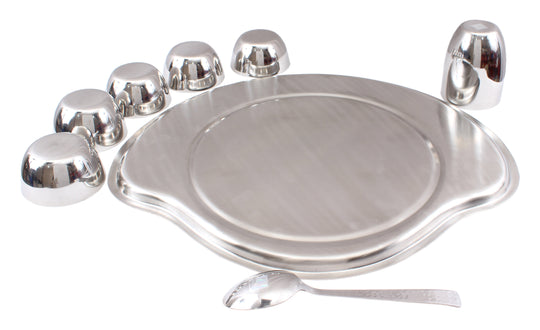 Pure Steel Plain Konika 8 Piece Big Thali Set (1 Thali 38.10 cm, 5 Bowl, 1 Konika Glass, 1 Spoon)