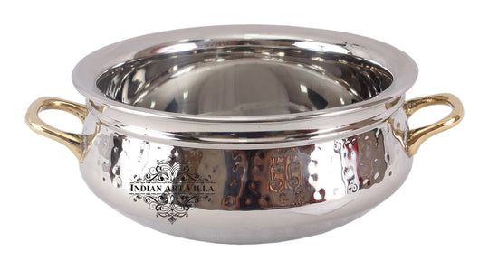 Handmade Pure Steel Set of 2 Handi with Round Brass Handle, Hammered Design