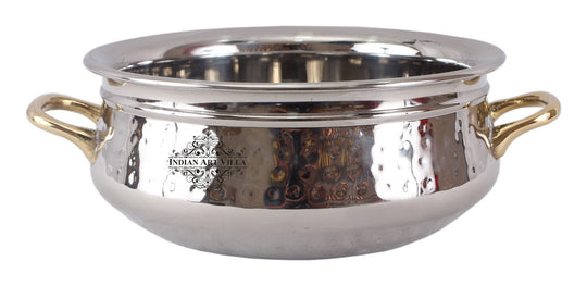 Handmade Pure Steel Set of 2 Handi with Round Brass Handle, Hammered Design