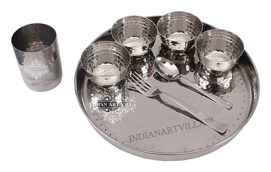 Handmade Pure Steel Hammered Design 8 Piece Thali Set | Dinner Set, Dinnerware, Tableware Set