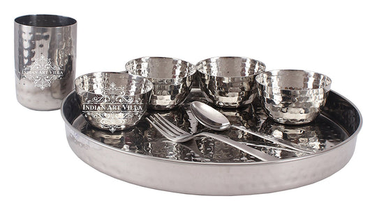 Handmade Pure Steel Hammered Design 8 Piece Thali Set | Dinner Set, Dinnerware, Tableware Set
