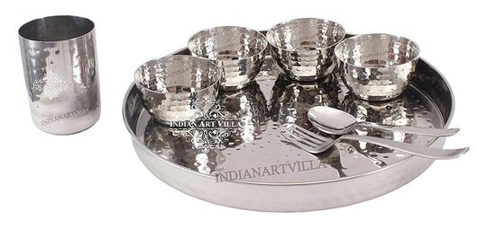 Handmade Pure Steel Hammered Design 8 Piece Thali Set | Dinner Set, Dinnerware, Tableware Set