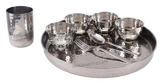 Handmade Pure Steel Hammered Design 8 Piece Thali Set | Dinner Set, Dinnerware, Tableware Set