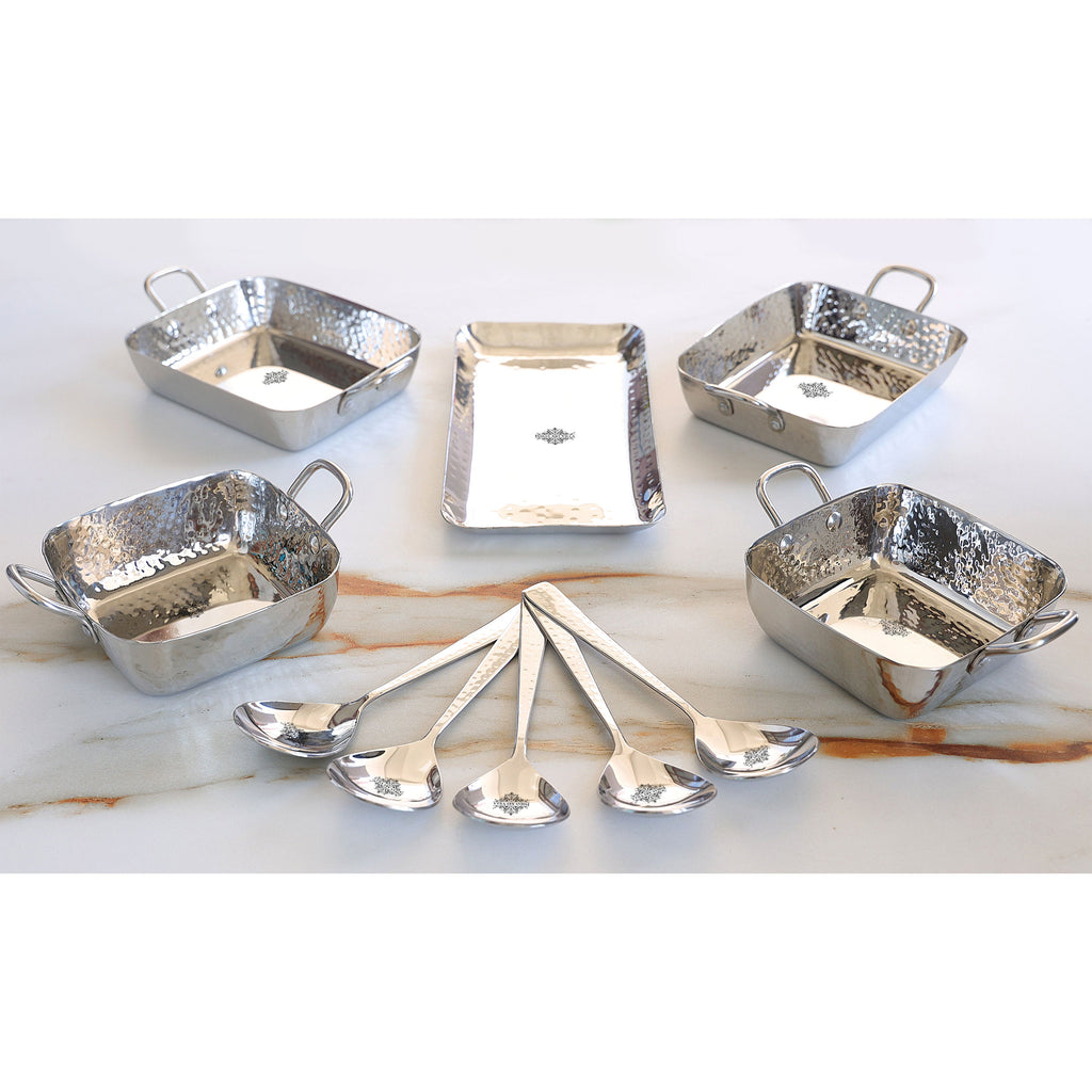 Indian Art Villa Stainless Steel Hammerd 10 Pcs Oval & Rectangular shape Serving Set, Serveware Tableware, for Home and Restaurants
