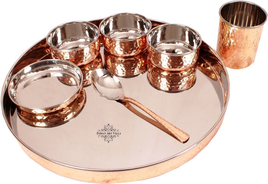 Indian Art Villa Pure Copper Steel Hammered design 7 Piece Kitchen Dinner Set