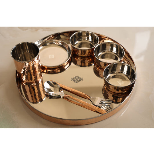 Steel copper 8 pieces dinner set hammered top view — Indian Art Villa