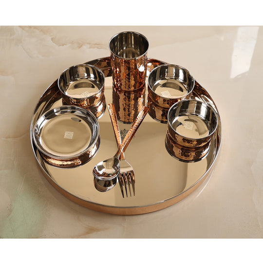 Handcrafted Steel Copper 8 Pieces Dinner Set with Hammered Design