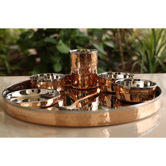Handcrafted Steel Copper 8 Pieces Dinner Set with Hammered Design