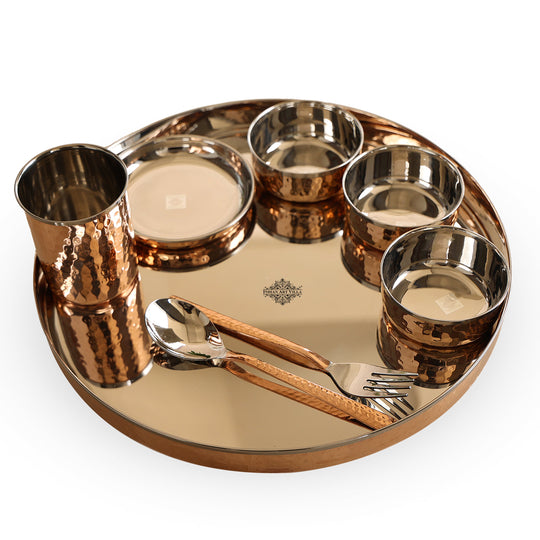 Handcrafted Steel Copper 8 Pieces Dinner Set with Hammered Design