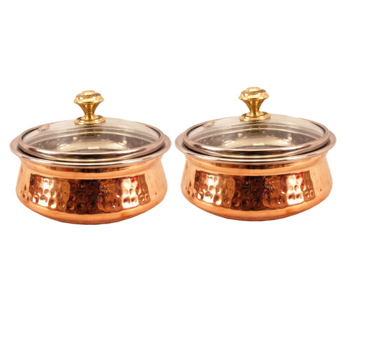 Steel Copper Hammered Serving Handi with Glass Lid & brass Knob