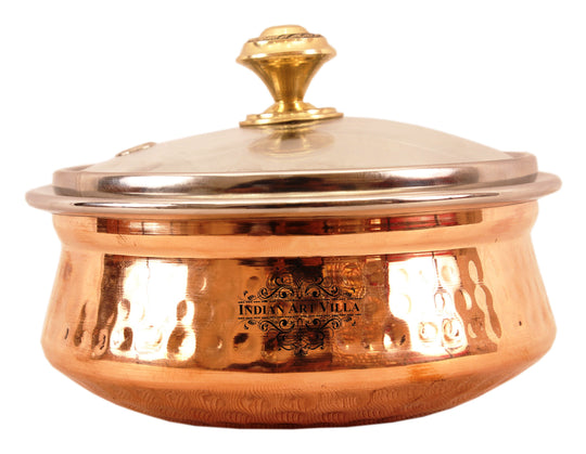 Steel Copper Hammered Serving Handi with Glass Lid & brass Knob