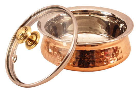 Steel Copper Hammered Serving Handi with Glass Lid & brass Knob