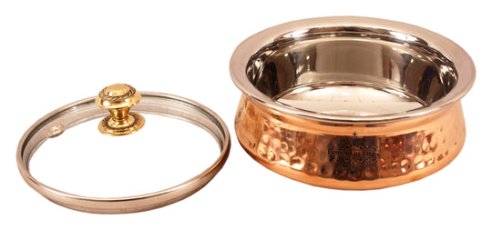 Steel Copper Hammered Serving Handi with Glass Lid & brass Knob