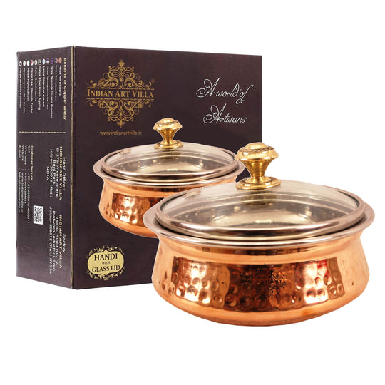 Steel Copper Hammered Serving Handi with Glass Lid & brass Knob