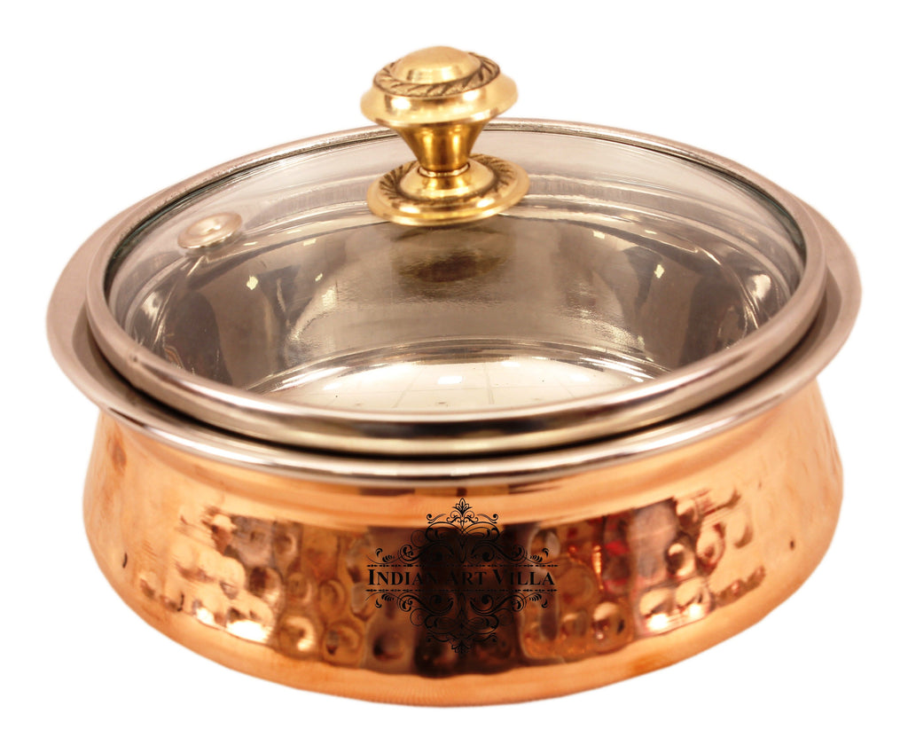 Steel Copper Hammered Serving Handi with Glass Lid and brass handle of lid | Tablewrae | Serveware