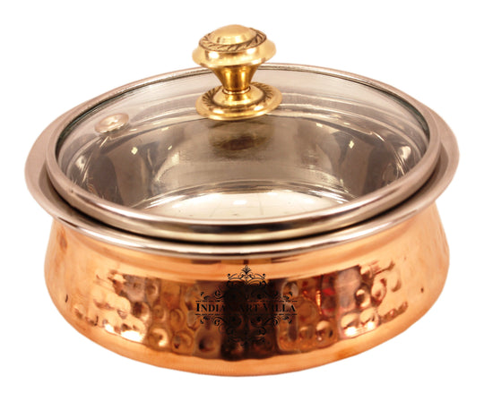 Steel Copper Hammered Serving Handi with Glass Lid & brass Knob