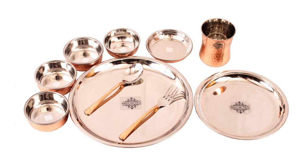 Indian Art Villa Steel Copper Hammered Design 10 Pieces Dinner Set/Thali Set of 1 Thali, 1 Small Thali, 1 Glass, 1 Spoon, 1 Fork, 1 Small Plate & 4 Bowls, Dinnerware, Tableware Or Crockery