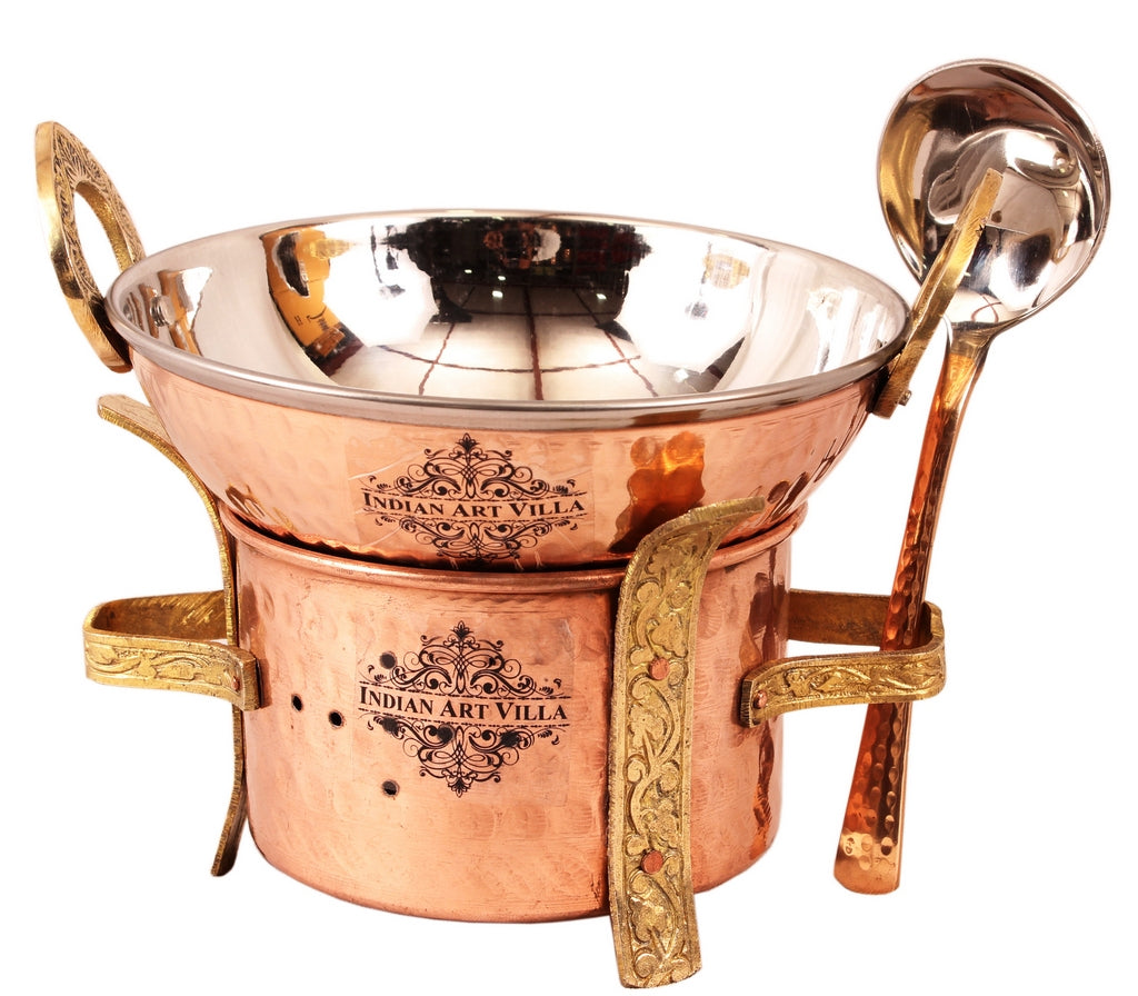 Indian Art Villa Kitchen Set of 1 Copper Sigri with Brass Stand, 1 Steel Copper Kadai-500 ML & 1 Spoon - Food Warmer, Serving Vegetables, Dishes, Curry - Home, Hotel, Restaurants,