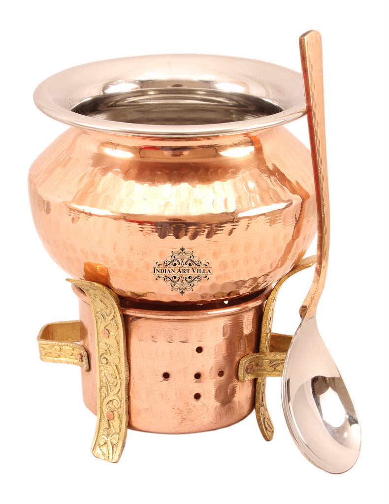 Indian Art Villa Kitchen Set of 1 Copper Sigri with Brass Stand & 1 Steel Copper Handi-450 ML with 1 Serving Spoon - Food Warmer, Serving Vegetables, Dishes, Curry - Home, Hotel, Restaurants