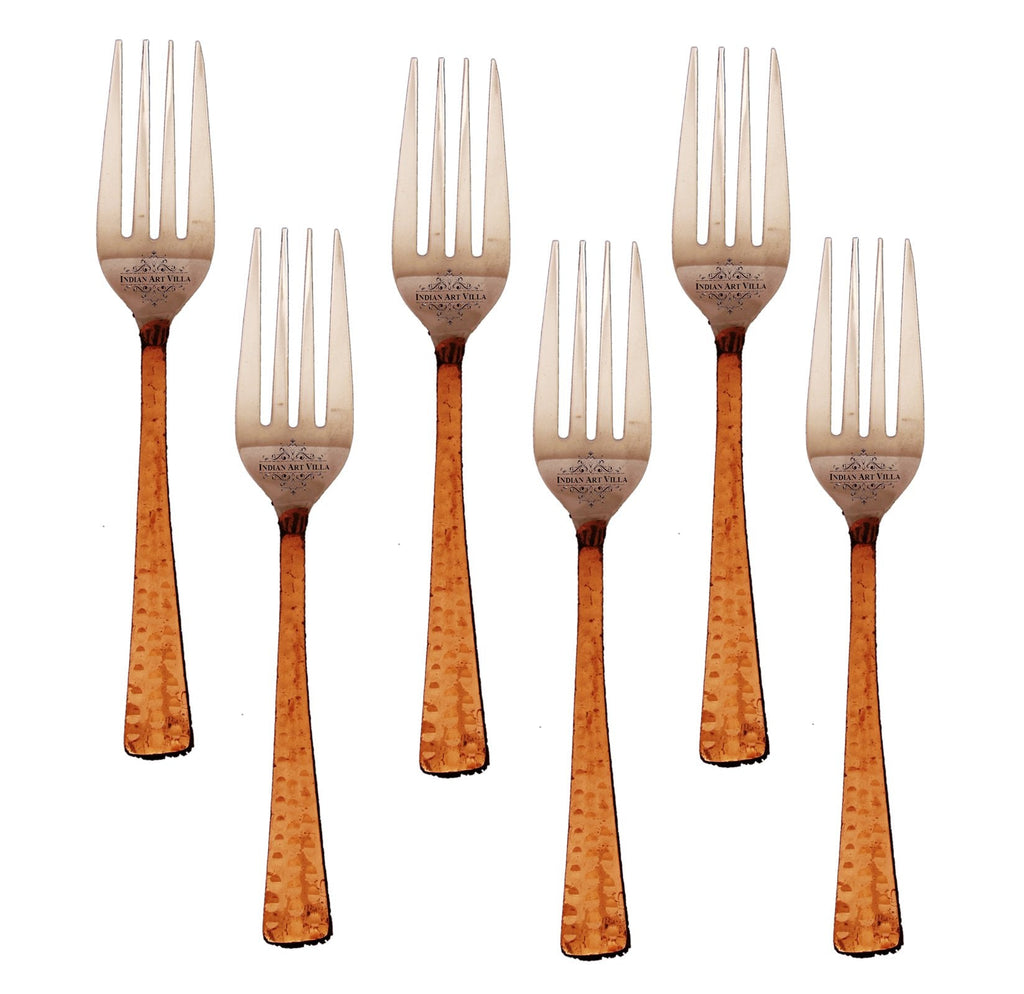 INDIAN ART VILLA Steel Copper Set of 6 Designer Fork 8" Inch