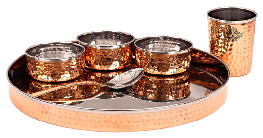 Steel Copper Hammered Design Thali Dinner Set ( 6 Pieces )