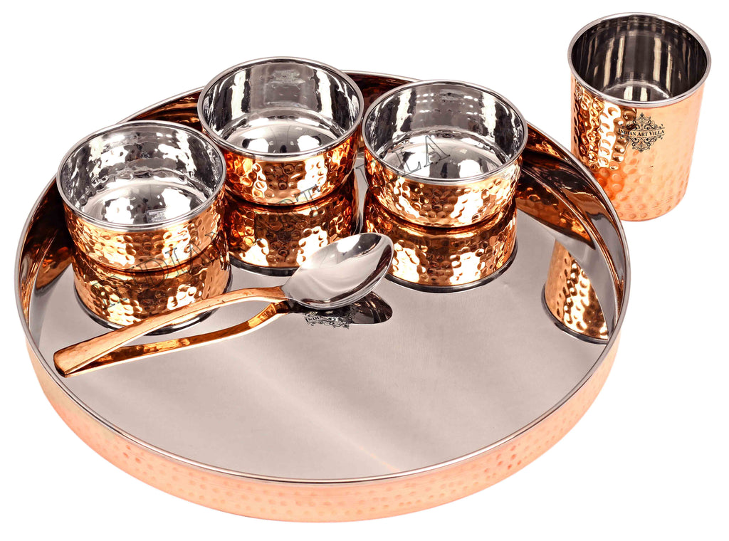 Indian Art Villa Pure Steel Copper Hammered Design Thali Dinner Set ( 6 Pieces )