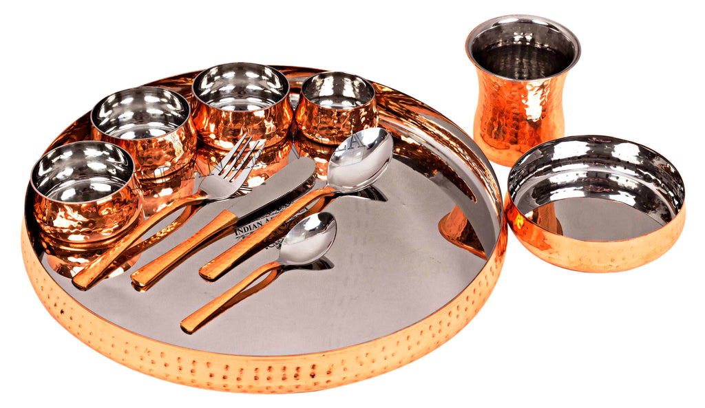 Indian Art Villa Pure Steel Copper Hammered Design Curved Dinner Thali Set of 11 Pieces