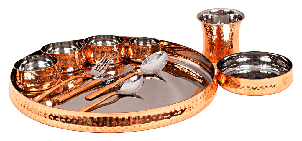 Indian Art Villa Pure Steel Copper Hammered Design Curved Dinner Thali Set of 11 Pieces