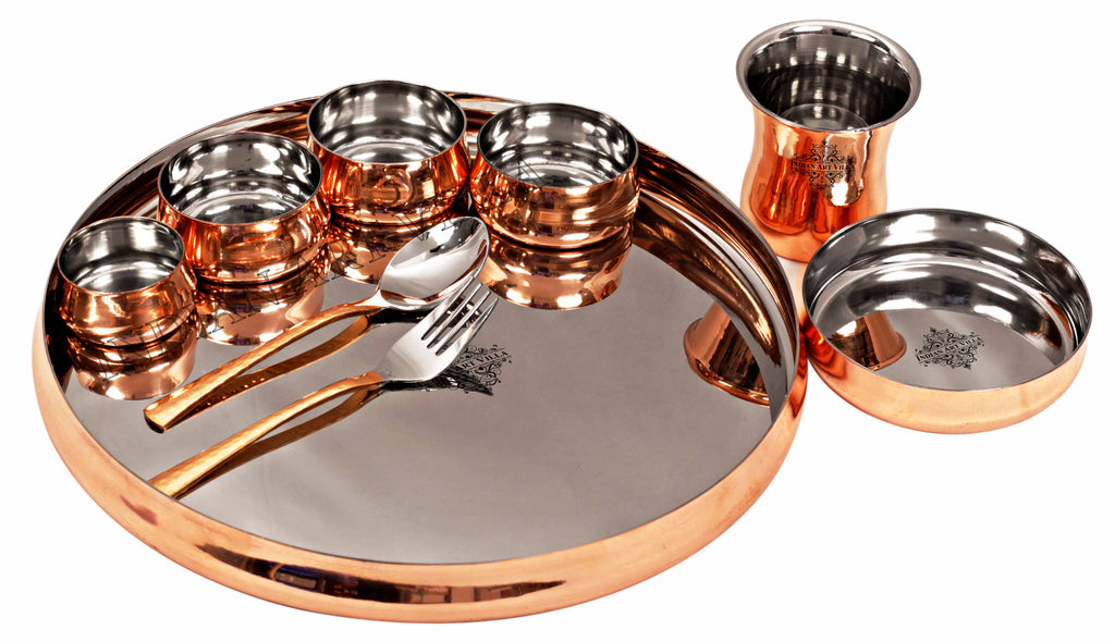 Indian Art Villa Pure Steel Steel Copper Handmade Curved Dinner Set of 9 Pieces