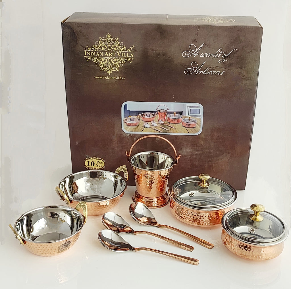 INDIAN ART VILLA Steel Copper Designer Hammered Serveware Set, Serveware, Tableware